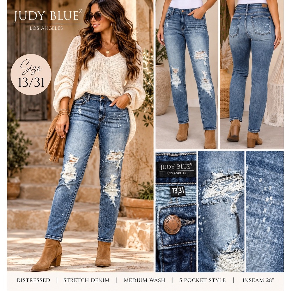 Judy Blue Distressed Paint Splatter Jeans Medium Wash 13/31